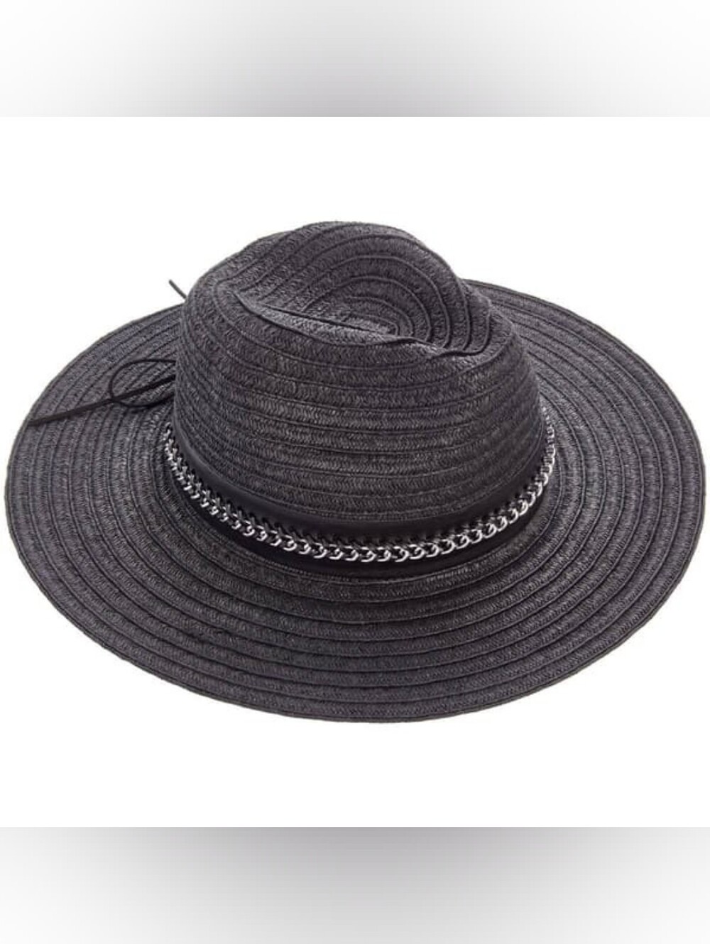 Black Wide-Brim Straw Hat with Silver Chain